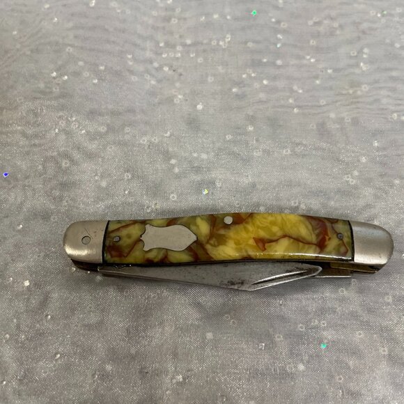VTG UTICA Cutlery POCKET KNIFE 3-BLADE Utica, NY Fred’s Tavern Celluloid Marble - Picture 1 of 9
